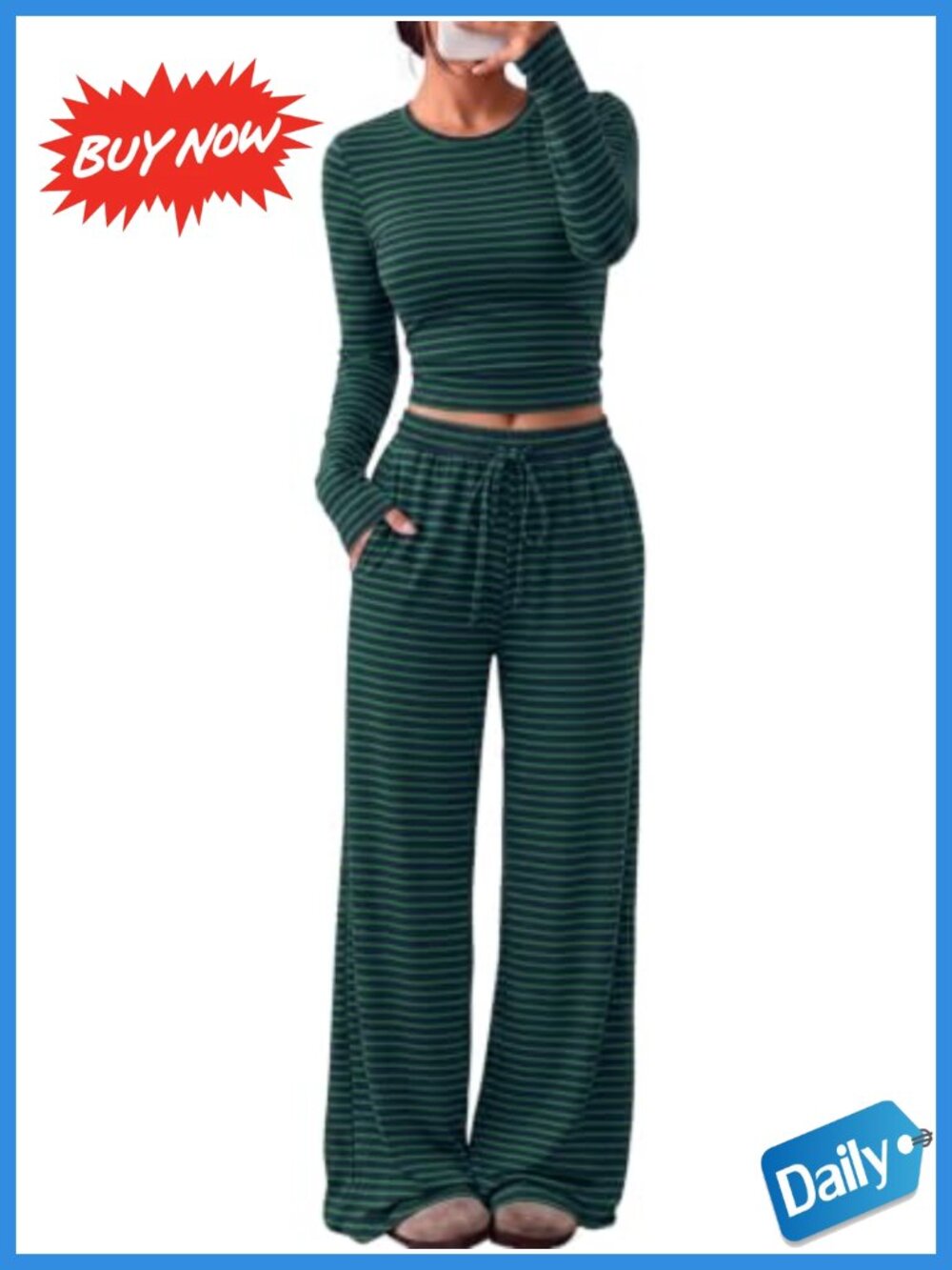 2 Piece Lounge Set Long Sleeve Crop Top Wide Leg Pants Comfy